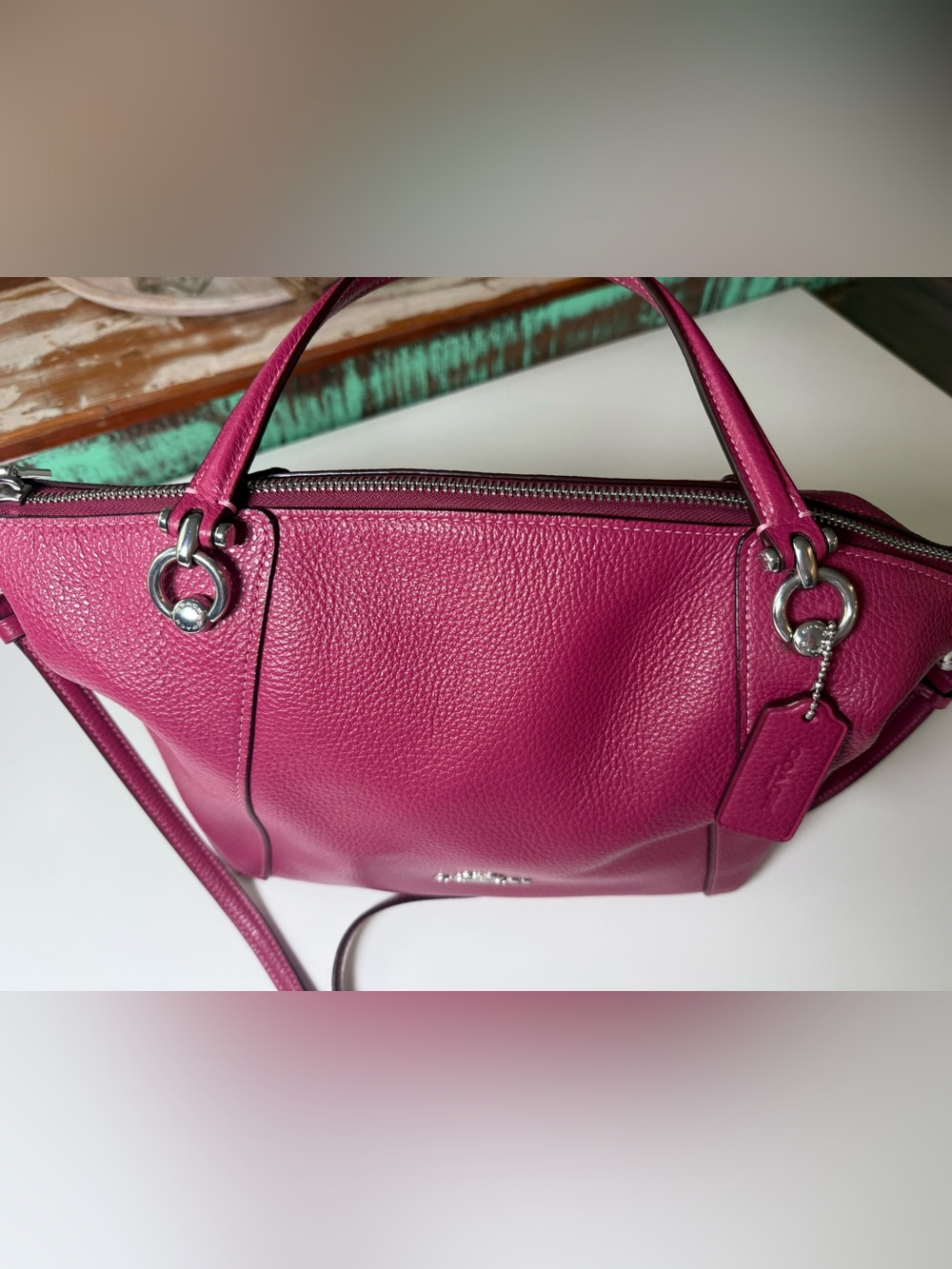 Coach Pebbled Leather Kacey Satchel in Raspberry - Picture 4 of 13